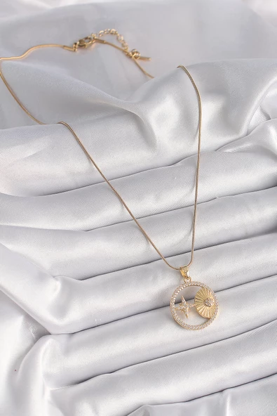 Gold Renk Zincir Zirkon Taşlı Yıldız İşleme Madalyon Model Kadın Kolye - EBJ241221W30103 - Resim 2