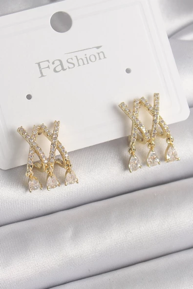 Pirinç Gold Renk Zirkon Taşlı X Model Sallantı Detay Kadın Küpe - EBJ241221W30167 ürün görseli