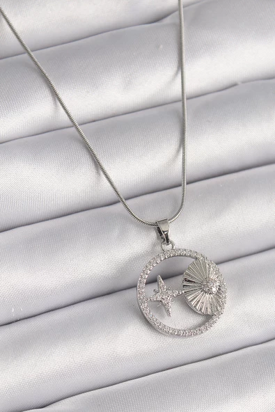 Gümüş Renk Zincir Zirkon Taşlı Yıldız Madalyon Model Kadın Kolye - EBJ241221W30104 ürün görseli