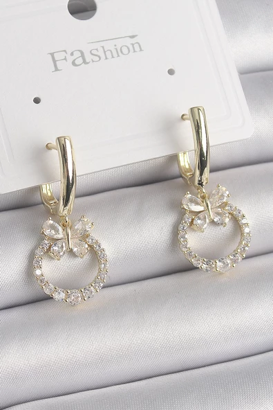 Pirinç Gold Renk Zirkon Taşlı Kelebek Figür Sallantı Model Kadın Küpe - EBJ241221W30135 ürün görseli