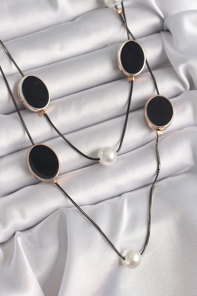 Pirinç Siyah Renk Zincir İnci Detaylı Çoklu Kadın Kolye - EBJ241221W30088 ürün görseli