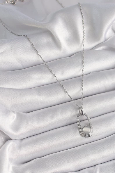 Gümüş Renk Zincir Beyaz Kedi Göz Model Kadın Kolye - EBJ241221W30079 - Resim 2