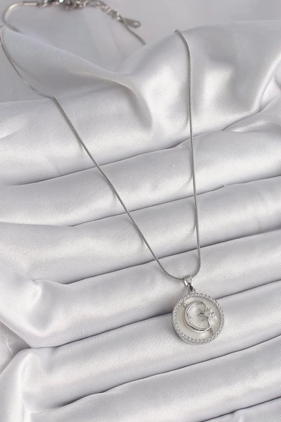 Gümüş Renk Zincir Zirkon Taş Detaylı Beyaz Sedefli Ay Yıldız İşleme Kadın Kolye - EBJ241221W30106 - Resim 2