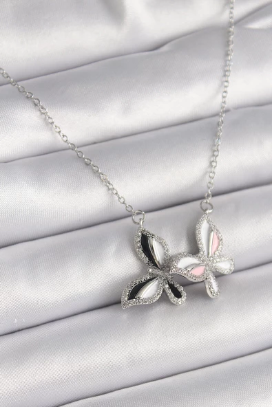 Gümüş Renk Zincir Zirkon Taşlı Renkli Kelebek Model Kadın Kolye - EBJ241221W30082 ürün görseli