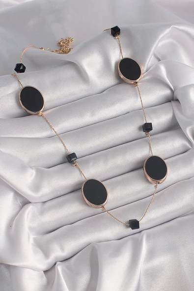 Pirinç Gold Renk Siyah Renk Oval Siyah Küp Detay Kadın Kolye - EBJ241221W30092 - Resim 2