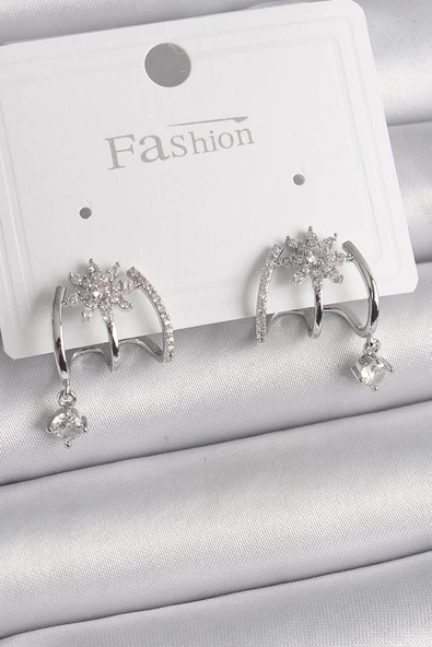 Pirinç Gümüş Renk Zirkon Taşlı Çiçek Figür Sallantı Detay Kadın Küpe - EBJ241221W30138 ürün görseli