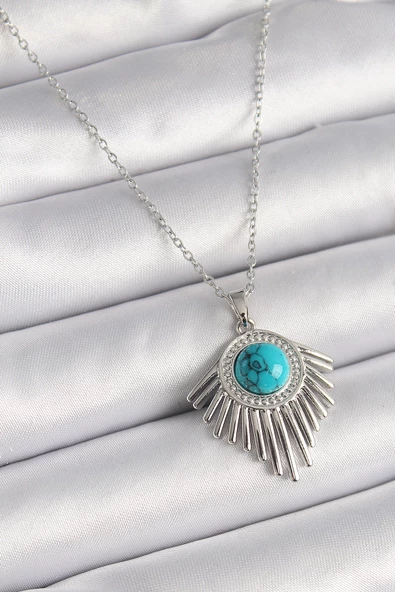 Gümüş Renk Zincir Mavi Boncuklu Zirkon Taşlı Kadın Kolye - EBJ241221W30084 ürün görseli