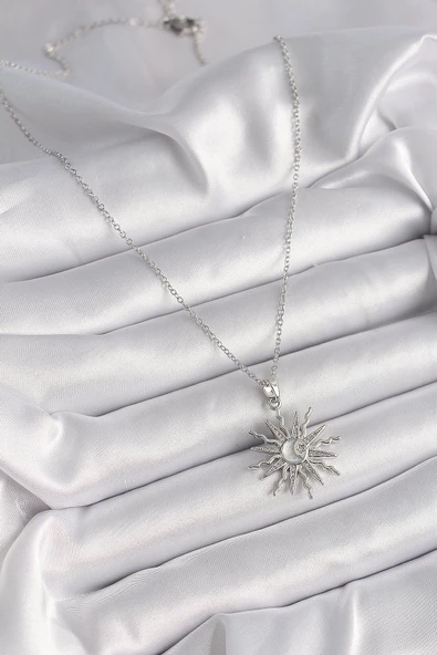 Gümüş Renk Zincir Zirkon Taşlı Yıldız Model Sedefli Ay İşleme Detay Kadın Kolye - EBJ241221W30098 - Resim 2