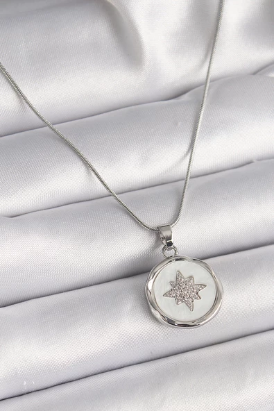 Gümüş Renk Zincir Beyaz Sedefli Zirkon Taşlı Yıldız İşleme Model Kadın Kolye - EBJ241221W30102 ürün görseli
