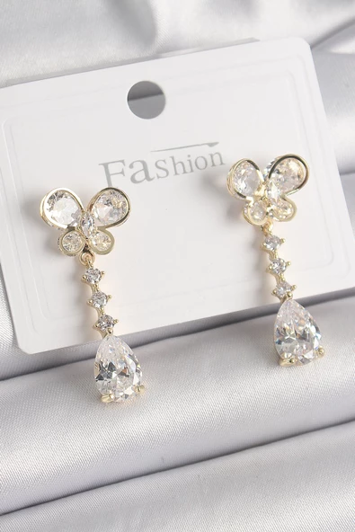 Pirinç Gold Renk Zirkon Taşlı Kelebek Model Sallantı Damla Zirkon Taş Kadın Küpe - EBJ241221W30155 ürün görseli