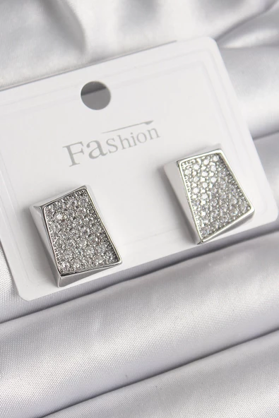 Pirinç Gümüş Renk Zirkon Taşlı Plaka Model Kadın Küpe - EBJ241221W30144 ürün görseli