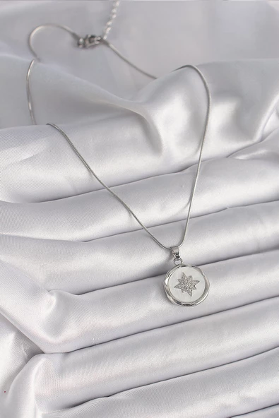 Gümüş Renk Zincir Beyaz Sedefli Zirkon Taşlı Yıldız İşleme Model Kadın Kolye - EBJ241221W30102 - Resim 2