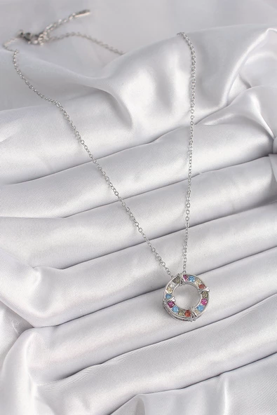 Gümüş Renk Zincir Renkli Zirkon Taşlı Xoxo Model Kadın Kolye - EBJ241221W30096 - Resim 2