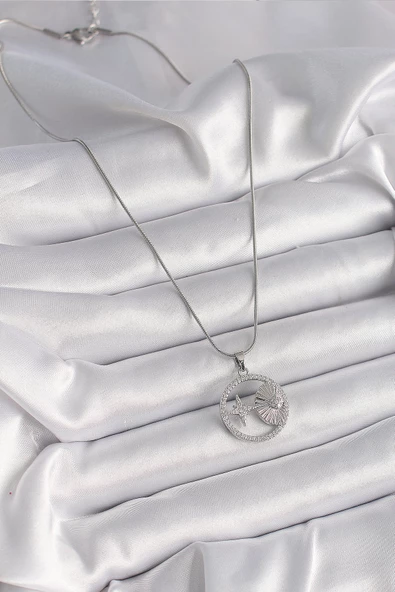 Gümüş Renk Zincir Zirkon Taşlı Yıldız Madalyon Model Kadın Kolye - EBJ241221W30104 - Resim 2