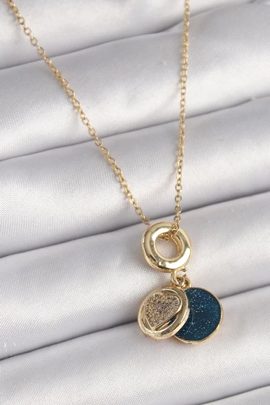 Gold Renk Zincir Zirkon Taşlı Kalp Model Mavi Simli Kadın Kolye - EBJ241221W30107 ürün görseli