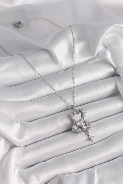 Gümüş Renk Ayna Ayıcık Model Zirkon Taşlı Kalp Detay Kadın Kolye - EBJ241221W30094 - Resim 2