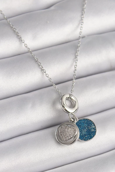 Gümüş Renk Zincir Zirkon Taşlı İşleme Mavi Simli Kadın Kolye - EBJ241221W30108 ürün görseli