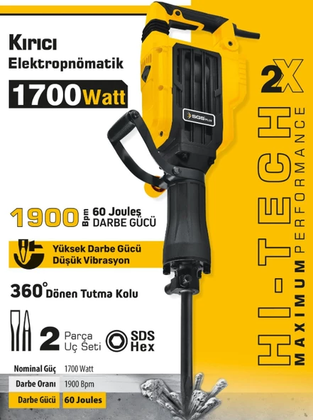 SGS PROFESYONEL ELEKTROPNOMATİK KIRICI SDS HEX 1700 WATT 60 JOULES 16 KG - 2