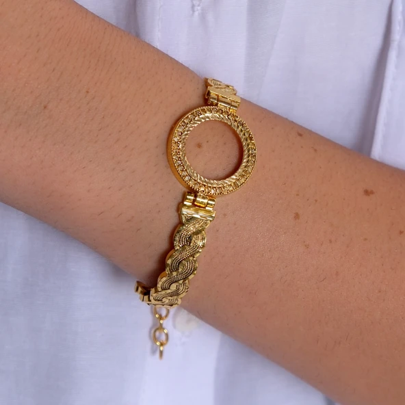 Çeyrekli Çerçeve Bileklik Altın Kaplama Zirkon Taşlı Kelepçe BLZ-126 - Resim 2