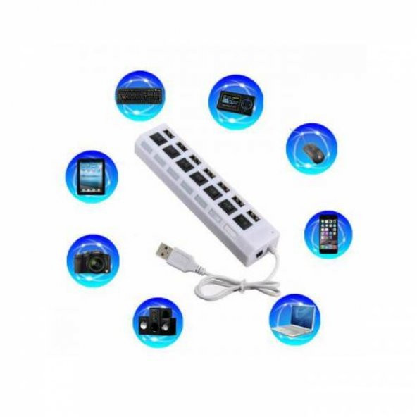 7 Port Usb Hub Çoklayıcı Çoğaltıcı OnOff Düğmeli Işıklı Adaptörlü Beyaz - 2