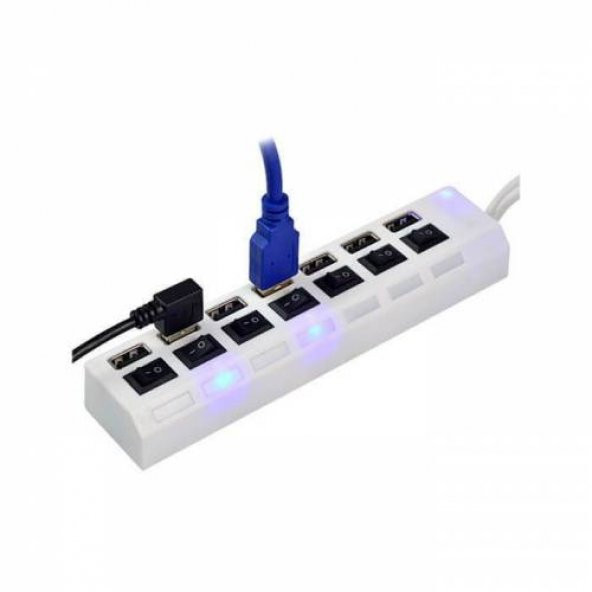 7 Port Usb Hub Çoklayıcı Çoğaltıcı OnOff Düğmeli Işıklı Adaptörlü Beyaz - 3