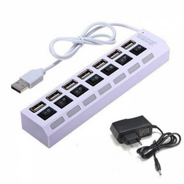 7 Port Usb Hub Çoklayıcı Çoğaltıcı OnOff Düğmeli Işıklı Adaptörlü Beyaz - 7