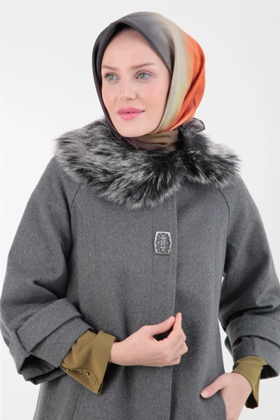 Armine Trend Yakası Kürklü Kaşe Kaban 22KT750 GRİ - 3
