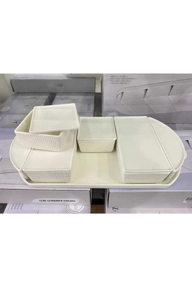 Tekbir Porselen Oval Tepsili 6 Bölmeli Kapaklı Kahvaltılık Sunum Seti