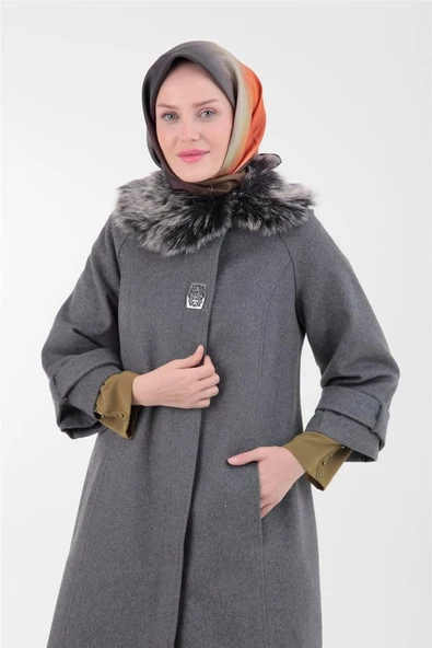 Armine Trend Yakası Kürklü Kaşe Kaban 22KT750 GRİ - 2