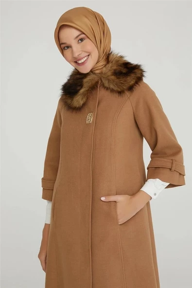 Armine Trend Yakası Kürklü Kaşe Kaban 22KT750 CAMEL - 2