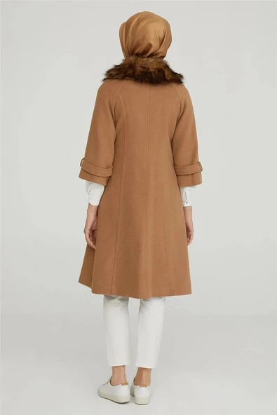 Armine Trend Yakası Kürklü Kaşe Kaban 22KT750 CAMEL - 3