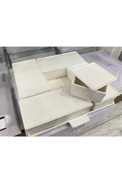 Tekbir Porselen Kare Tepsili 6 Bölmeli Kapaklı Kahvaltılık Sunum Seti