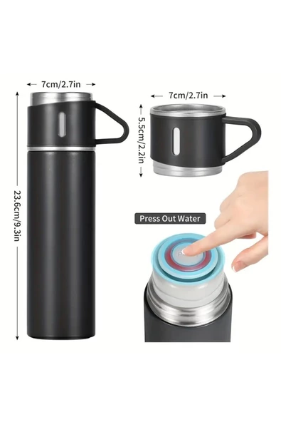 BUENOS Paslanmaz Çelik Termos Renkli 3 Bardaklı 500 ML Kutulu Set - 3