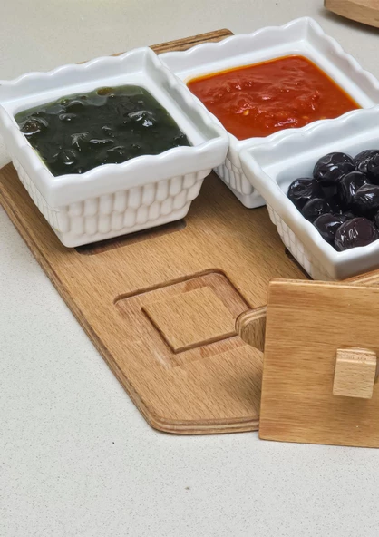 4lü Ahşap Stantlı Kahvaltı Takımı - Porselen Kahvaltı Seti - Çerezlik, Şekerlik - 9 Parça - 3