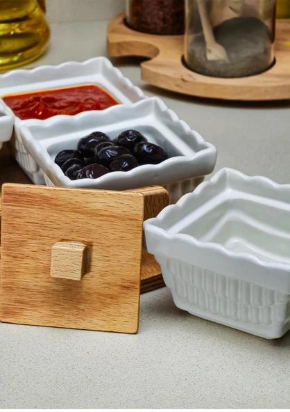 4lü Ahşap Stantlı Kahvaltı Takımı - Porselen Kahvaltı Seti - Çerezlik, Şekerlik - 9 Parça - 4