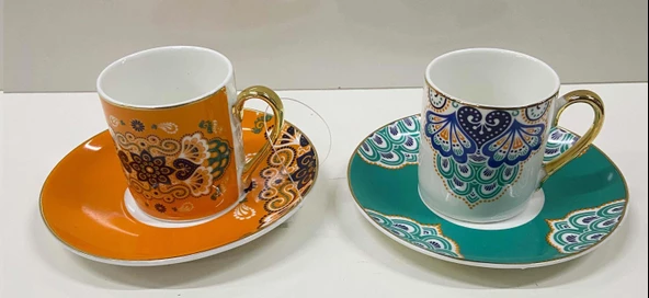 Renkli Porselen Kahve Fincan Takımı 2 Kişilik