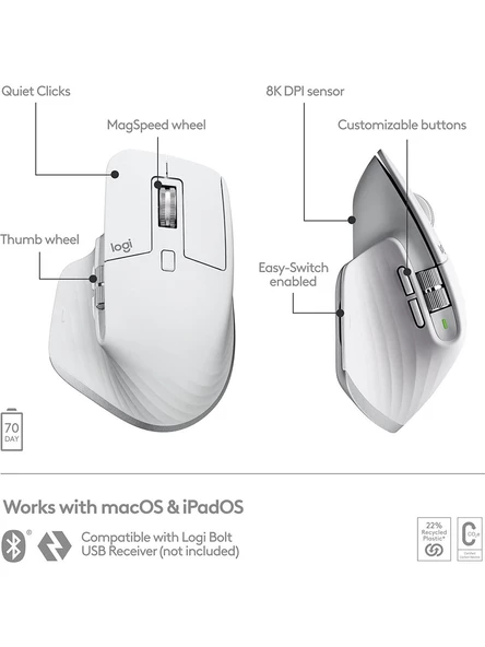 Logitech MX Master 3S Mac İçin Gelişmiş 8000 DPI Sessiz Profesyonel Kablosuz Mouse - Beyaz - 4