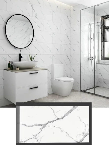 BS1751 60x30cm Shiny Mermer Desenli  Yapışkanlı Karavan Prefabrik Banyo Duvar Kaplama Paneli