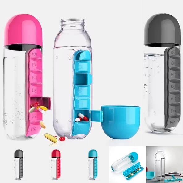 Dahili Organizer Su Şişesi 7 Günlük Ilaç Organizer Su Şişesi 600 ml
