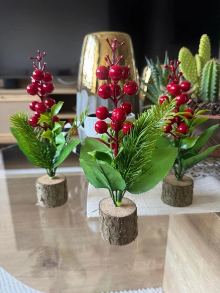 3lü set Yapay Çiçek Yılbaşı Çiçeği Kokinalı Kütük Saksılı Dekoratif Süs 20cm - 6