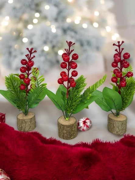 Nettenevime 3lü set Yapay Çiçek Yılbaşı Çiçeği Kokinalı Kütük Saksılı Dekoratif Süs 20cm