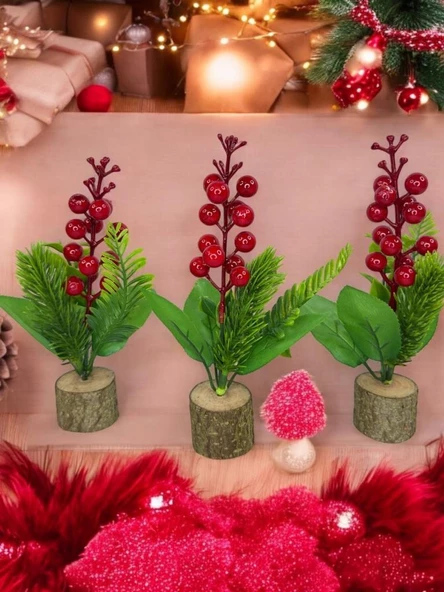 Nettenevime 3lü set Yapay Çiçek Yılbaşı Çiçeği Kokinalı Kütük Saksılı Dekoratif Süs 20cm - 2