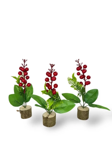 3lü set Yapay Çiçek Yılbaşı Çiçeği Kokinalı Kütük Saksılı Dekoratif Süs 20cm - 4
