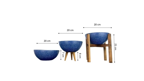 Bitki Tasarımı Ev Dekorasyon Lacivert Granit Aranjman Sunumluk Toprak Saksı Üçlü Set 20 Cm Çap - 2