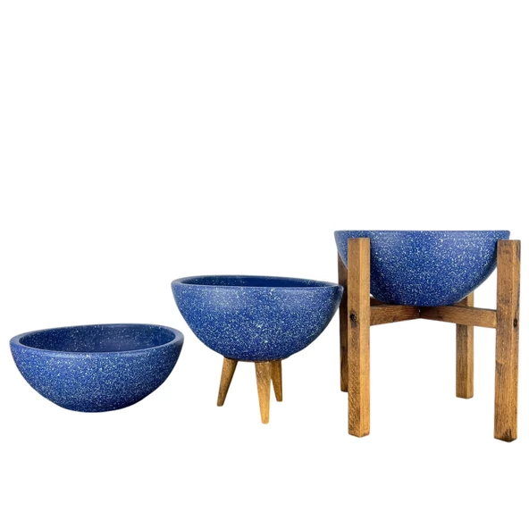 Bitki Tasarımı Ev Dekorasyon Lacivert Granit Aranjman Sunumluk Toprak Saksı Üçlü Set 20 Cm Çap - 3
