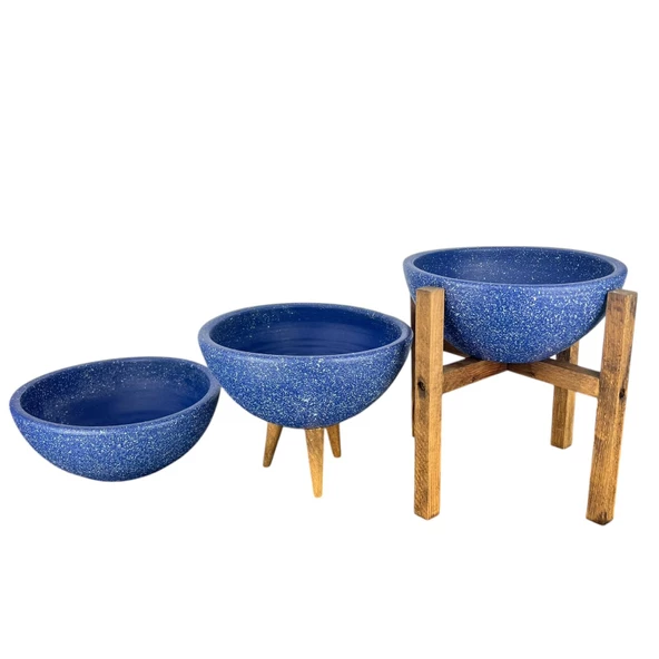Bitki Tasarımı Ev Dekorasyon Lacivert Granit Aranjman Sunumluk Toprak Saksı Üçlü Set 20 Cm Çap - 4