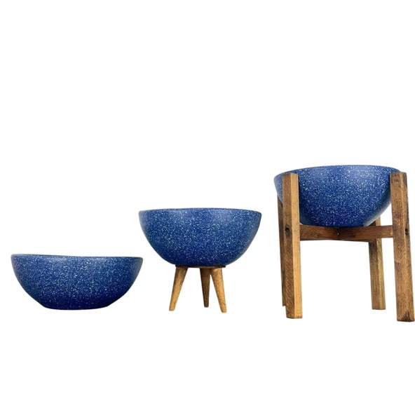 Bitki Tasarımı Ev Dekorasyon Lacivert Granit Aranjman Sunumluk Toprak Saksı Üçlü Set 20 Cm Çap