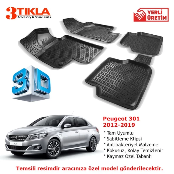 Peugeot 301 2012-2019 Premium 3D Havuzlu Paspas Seti