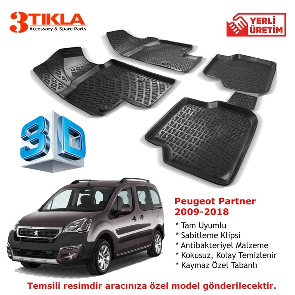 Peugeot Partner Tepe 120HP 2009-2018 Premium 3D Havuzlu Paspas Seti