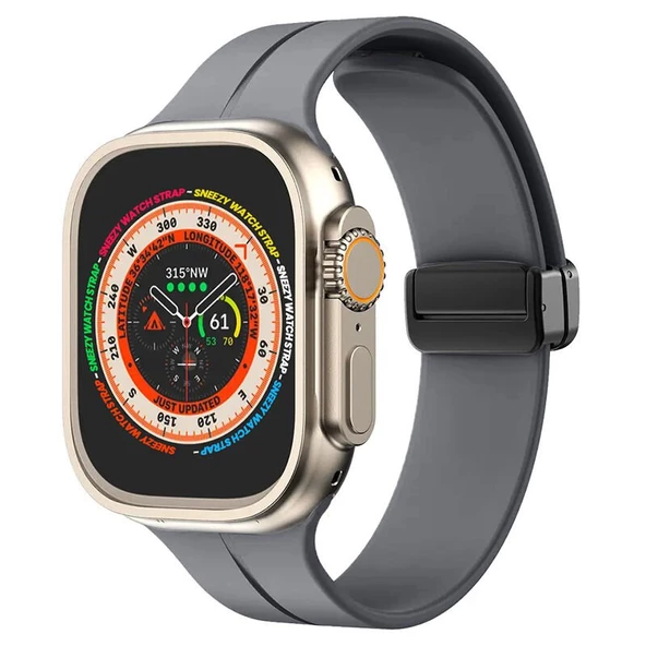 Apple Watch 49mm Ultra Seri Uyumlu Coastal Manyetik Tokalı Silikon Kordon  Koyu Gri